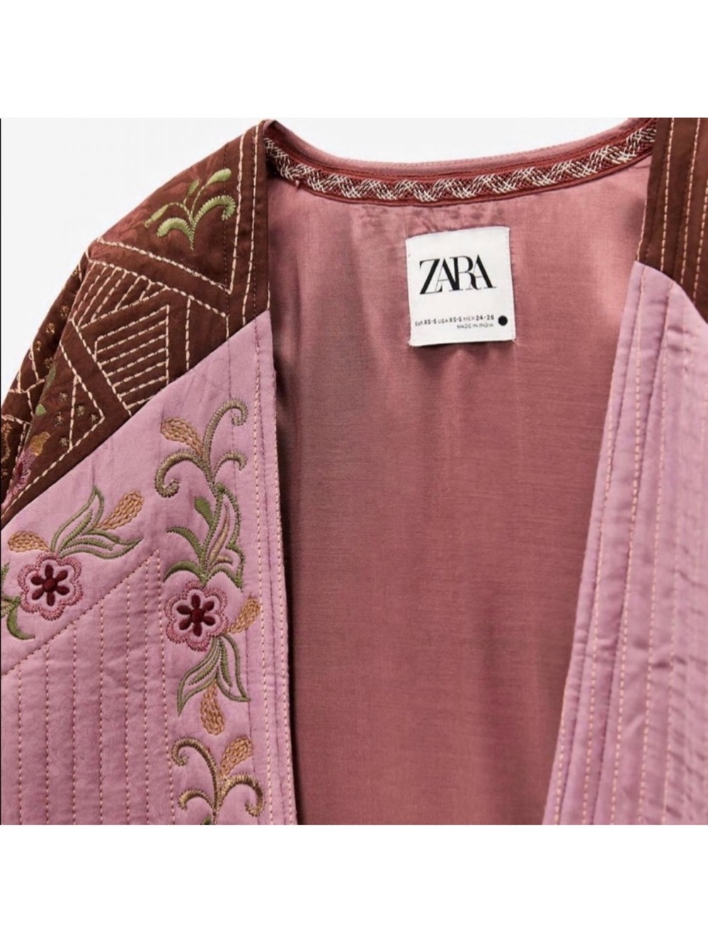 ZARA Pink & Brown Embroidered Patchwork Long Robe - Picture 3 of 6